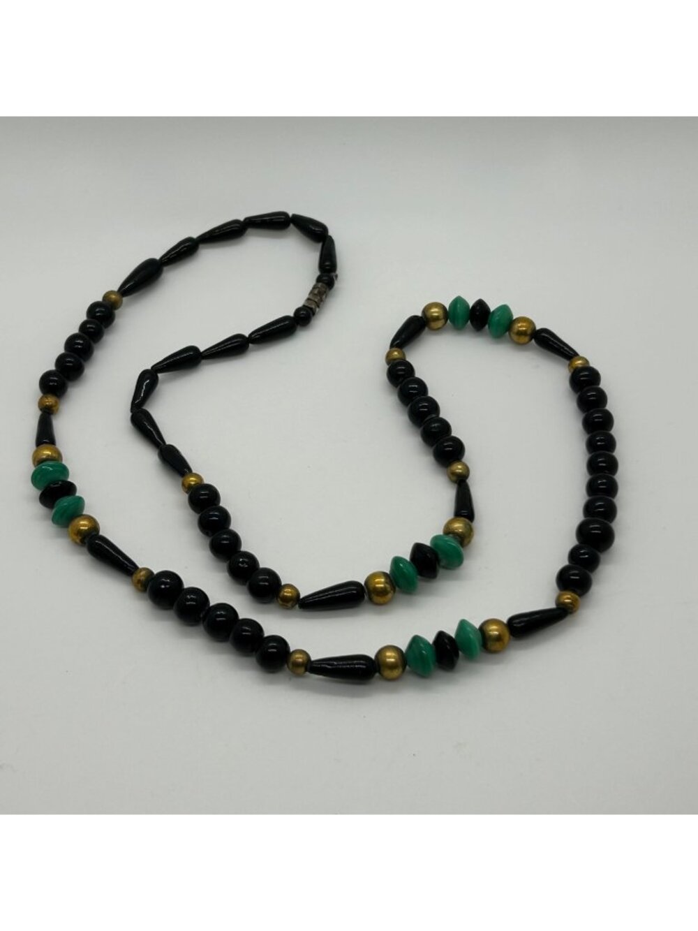 Vintage Glass Beaded Necklace Black Green Brass Accents Statement Long Art Deco